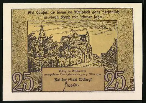 Notgeld Woldegk 1922, 25 Pfennige, Reutergeld, Ortsansicht