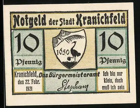 Notgeld Kranichfeld 1921, 10 Pfennige, Oberschloss und Wappen