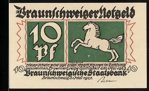 Notgeld Braunschweig 1921, 10 Pfennige, Wappen und Ortsansicht