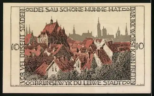 Notgeld Braunschweig 1921, 10 Pfennige, Wappen und Ortsansicht
