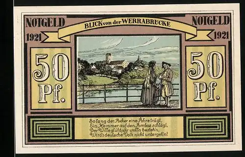 Notgeld Altenbreitungen & Frauenbreitungen 1921, 50 Pfennige, Bauer und Arbeiter, Blick von der Werrabrücke