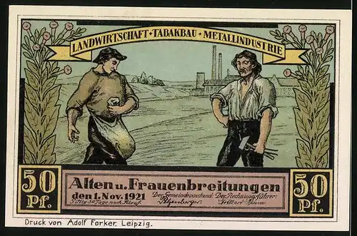 Notgeld Altenbreitungen & Frauenbreitungen 1921, 50 Pfennige, Bauer und Arbeiter, Blick von der Werrabrücke