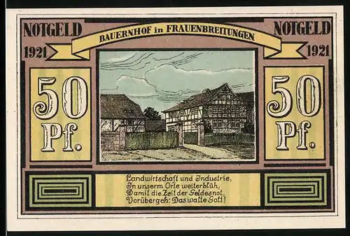 Notgeld Altenbreitungen & Frauenbreitungen 1921, 50 Pfennige, Bauer und Arbeiter, Bauernhof Altenbreitungen