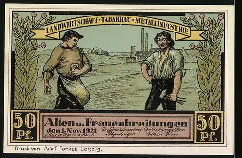 Notgeld Altenbreitungen & Frauenbreitungen 1921, 50 Pfennige, Bauer und Arbeiter, Bauernhof Altenbreitungen