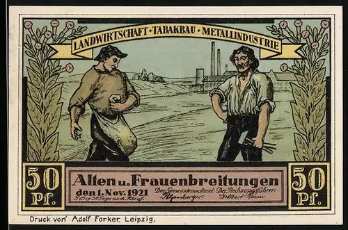 Notgeld Altenbreitungen & Frauenbreitungen 1921, 50 Pfennige, Bauer und Arbeiter, Flügelaltar Frauenbreitungen