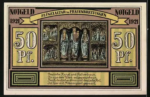 Notgeld Altenbreitungen & Frauenbreitungen 1921, 50 Pfennige, Bauer und Arbeiter, Flügelaltar Frauenbreitungen