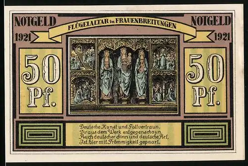 Notgeld Altenbreitungen & Frauenbreitungen 1921, 50 Pfennige, Bauer und Arbeiter, Flügelaltar Frauenbreitungen