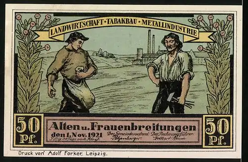 Notgeld Altenbreitungen & Frauenbreitungen 1921, 50 Pfennige, Bauer und Arbeiter, Flügelaltar Frauenbreitungen