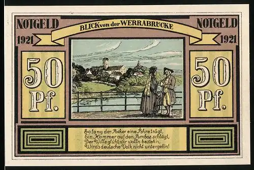 Notgeld Altenbreitungen & Frauenbreitungen 1921, 50 Pfennige, Bauer und Arbeiter, Blick von der Werrabrücke