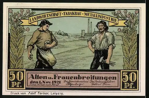 Notgeld Altenbreitungen & Frauenbreitungen 1921, 50 Pfennige, Bauer und Arbeiter, Blick von der Werrabrücke