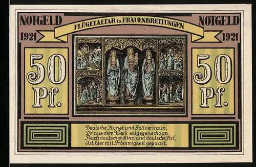 Notgeld Altenbreitungen & Frauenbreitungen 1921, 50 Pfennige, Bauer und Arbeiter, Flügelaltar Frauenbreitungen