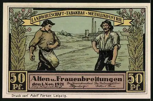 Notgeld Altenbreitungen & Frauenbreitungen 1921, 50 Pfennige, Bauer und Arbeiter, Flügelaltar Frauenbreitungen