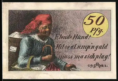 Notgeld Hildburghausen 1921, 50 Pfennige, Wappen und alte Frau