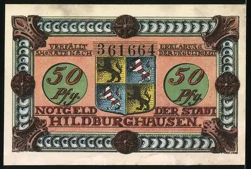 Notgeld Hildburghausen 1921, 50 Pfennige, Wappen und alte Frau