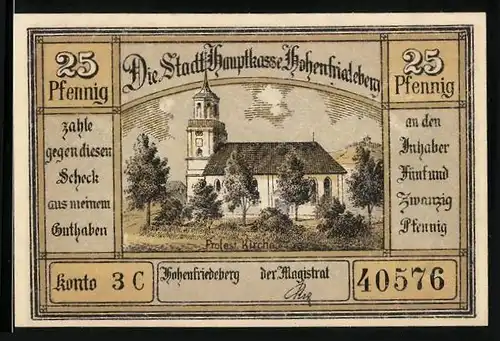 Notgeld Hohenfriedeberg, 25 Pfennige, Rathaus mit Ring und Protest. Kirche