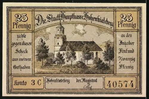 Notgeld Hohenfriedeberg, 25 Pfennige, Rathaus mit Ring und Protest. Kirche