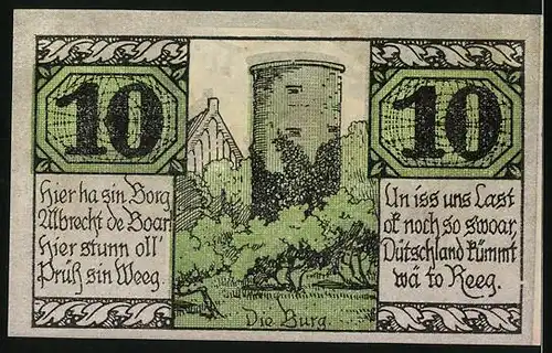 Notgeld Salzwedel 1921, 10 Pfennige, Bauern und Wappen, Burg