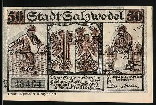 Notgeld Salzwedel 1921, 50 Pfennige, Bauern und Wappen, Konditor