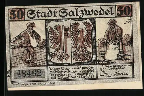 Notgeld Salzwedel 1921, 50 Pfennige, Bauern und Wappen, Konditor