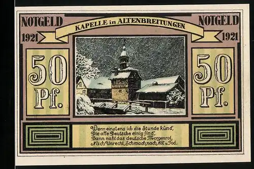 Notgeld Altenbreitungen & Frauenbreitungen 1921, 50 Pfennige, Bauer und Arbeiter, Kapelle Altenbreitungen