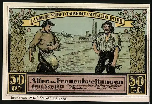 Notgeld Altenbreitungen & Frauenbreitungen 1921, 50 Pfennige, Bauer und Arbeiter, Kapelle Altenbreitungen