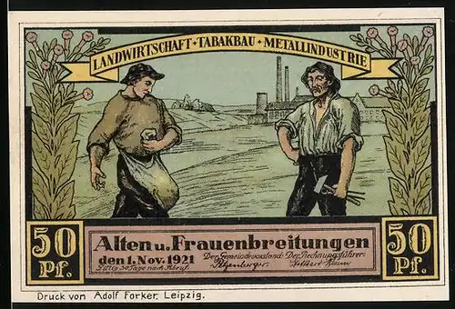 Notgeld Altenbreitungen & Frauenbreitungen 1921, 50 Pfennige, Bauer und Arbeiter, Kapelle Altenbreitungen