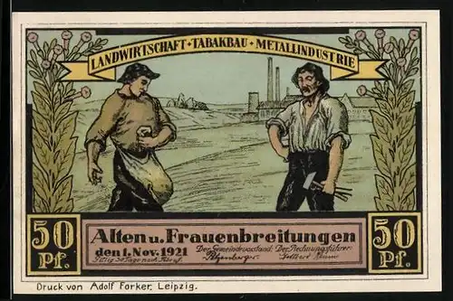 Notgeld Altenbreitungen & Frauenbreitungen 1921, 50 Pfennige, Bauer und Arbeiter, Bauernhof in Altenbreitungen