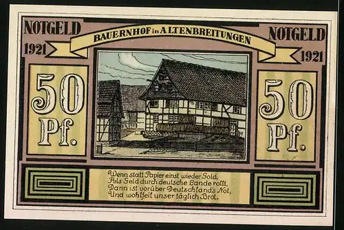 Notgeld Altenbreitungen & Frauenbreitungen 1921, 50 Pfennige, Bauer und Arbeiter, Bauernhof in Altenbreitungen