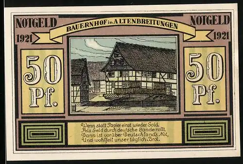 Notgeld Altenbreitungen & Frauenbreitungen 1921, 50 Pfennige, Bauer und Arbeiter, Bauernhof in Altenbreitungen