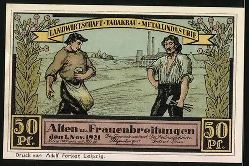 Notgeld Altenbreitungen & Frauenbreitungen 1921, 50 Pfennige, Bauer und Arbeiter, Bauernhof in Altenbreitungen