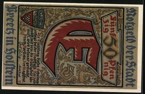 Notgeld Preetz in Holstein 1921, 50 Pfennige, Wappen und Kirche