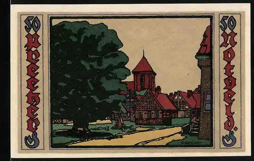 Notgeld Preetz in Holstein 1921, 50 Pfennige, Wappen und Strassenpartie