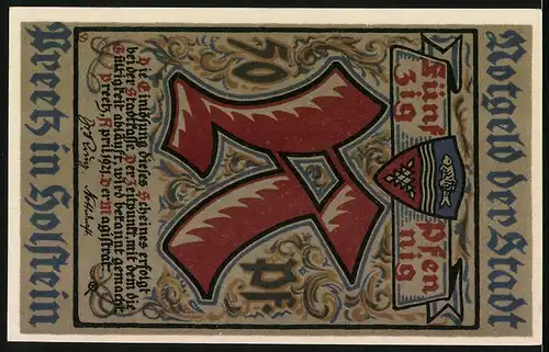 Notgeld Preetz in Holstein 1921, 50 Pfennige, Wappen und Strassenpartie
