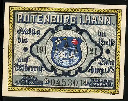 Notgeld Rotenburg i. Hann. 1921, 25 Pfennige, Stadtwappen und Bauer