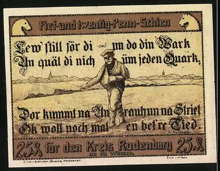 Notgeld Rotenburg i. Hann. 1921, 25 Pfennige, Stadtwappen und Bauer