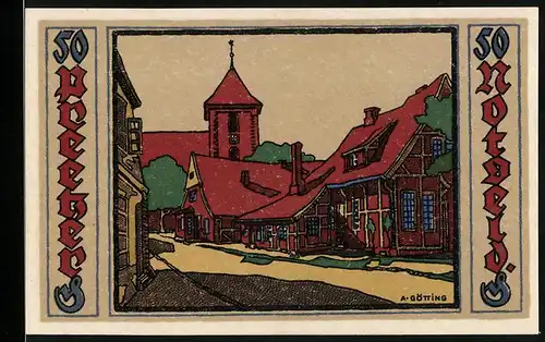 Notgeld Preetz in Holstein 1921, 50 Pfennige, Strassenpartie mit Kirche