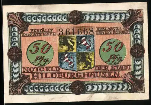 Notgeld Hildburghausen 1921, 50 Pfennige, Alte Frau und Stadtwappen