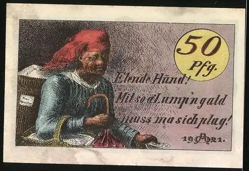 Notgeld Hildburghausen 1921, 50 Pfennige, Alte Frau und Stadtwappen