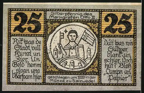 Notgeld Salzwedel 1921, 25 Pfennige, Bauern beim Säen und Ernten, Silberpfennig des Markgrafen Otto II.