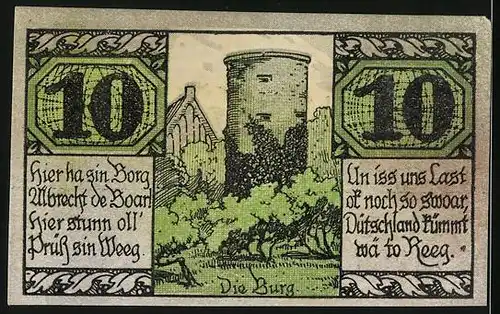 Notgeld Salzwedel 1921, 10 Pfennige, Bauern beim Säen und Ernten, Die Burg