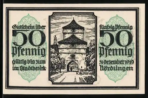 Notgeld Nördlingen 1919, 50 Pfennige, Wappen und Stadttor