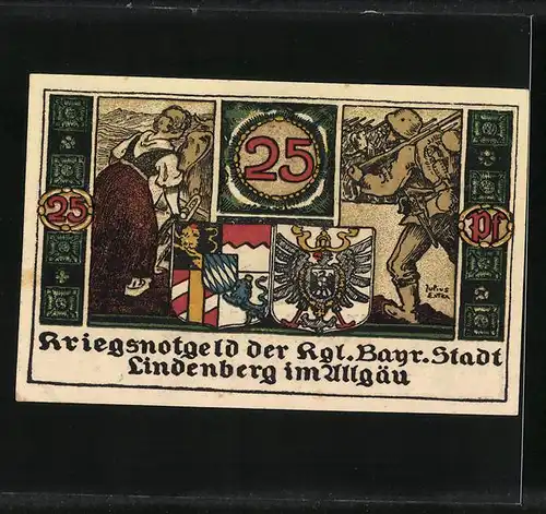 Notgeld Lindenberg im Allgäu 1918, 25 Pfennige, Wappen der Stadt, Soldat und Frau
