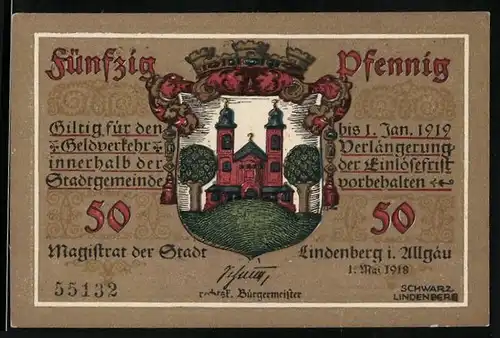 Notgeld Lindenberg im Allgäu 1918, 50 Pfennige, Wappen der Stadt, Soldat mit Helm