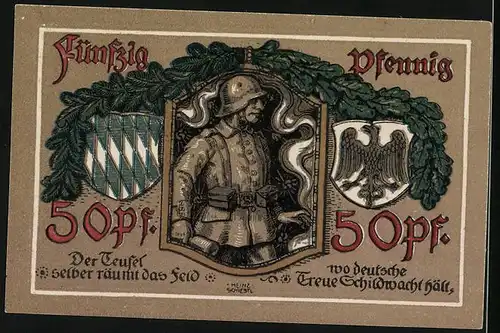 Notgeld Lindenberg im Allgäu 1918, 50 Pfennige, Wappen der Stadt, Soldat mit Helm