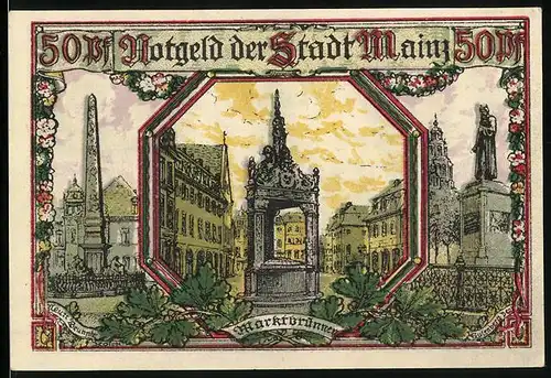 Notgeld Mainz 1921, 50 Pfennige, Wappen der Stadt und Marktbrunnen