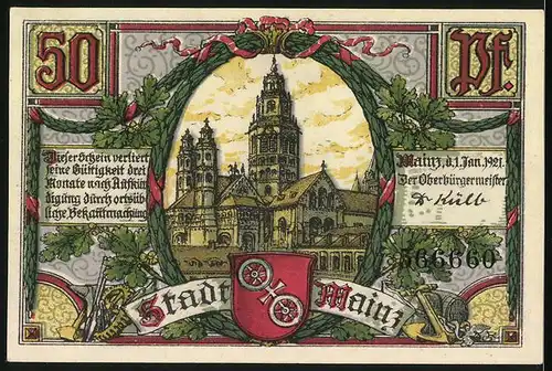 Notgeld Mainz 1921, 50 Pfennige, Wappen der Stadt und Marktbrunnen