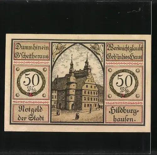 Notgeld Hildburghausen 1921, 50 Pfennige, Wappen und Ortsansicht