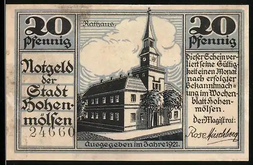 Notgeld Hohenmölsen 1921, 20 Pfennige, Rathaus, Rathaus, Wappen mit Hirsch