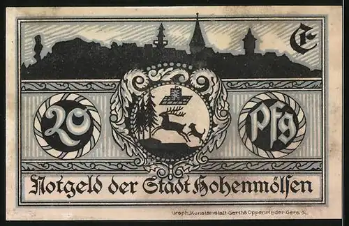 Notgeld Hohenmölsen 1921, 20 Pfennige, Rathaus, Rathaus, Wappen mit Hirsch