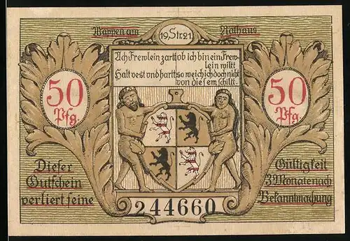Notgeld Hildburghausen 1921, 50 Pfennige, Wappen und Ortsansicht